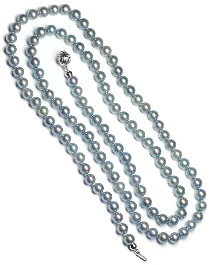 Foto 3 - Lange Akoya Perlenkette Silber  7,5mm Weißgold Schloss, S3575